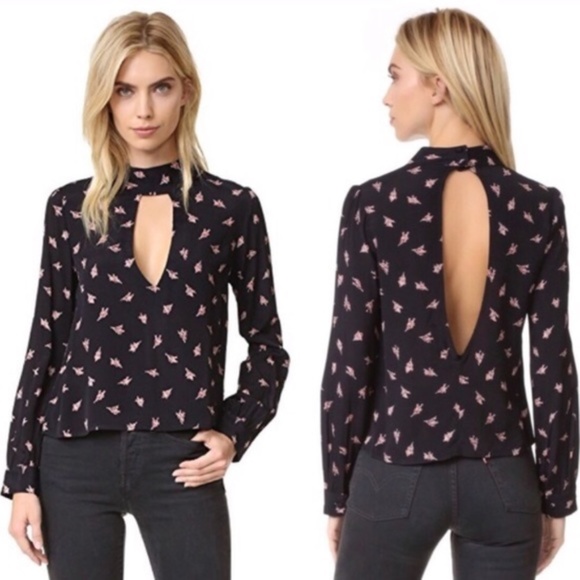Flynn Skye Leah Keyhole Choker Neck Long Sleeve Blouse Black Floral size Small - Picture 12 of 13